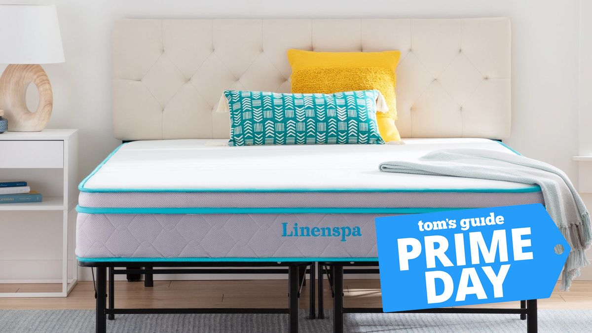 Linenspa 10&quot; Memory Foam Hybrid Mattress on a wooden bedframe with a blue Prime Day sales badge in the bottom right hand corner