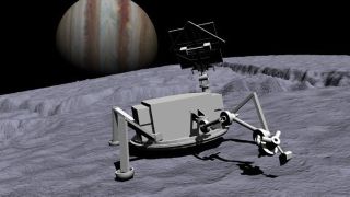 illustration of a gray lander on an icy moon, with jupiter in the background