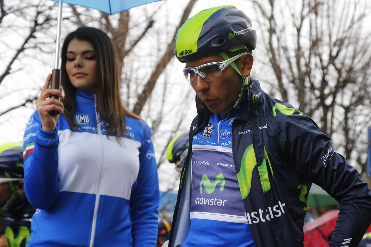 Nairo Quintana (Movistar) in the blue jersey of Tirreno-Adriatico leader.