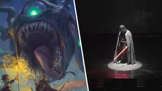 A split image, showing artwork from a Dungeons & Dragon's sourcebook of a vicious beholder, and an image shared to social media of Darth Vader standing on stage at a D&D event.