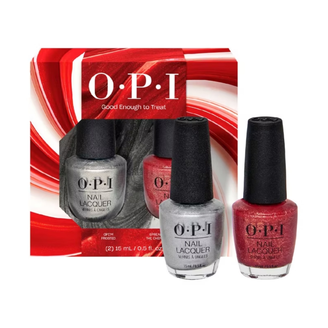 A product shot of the OPI Holiday 25 Good Enough To Treat Nail Lacquer Duo Pack, which features a silver glitter nail polish and a red glitter nail polish, on a white background