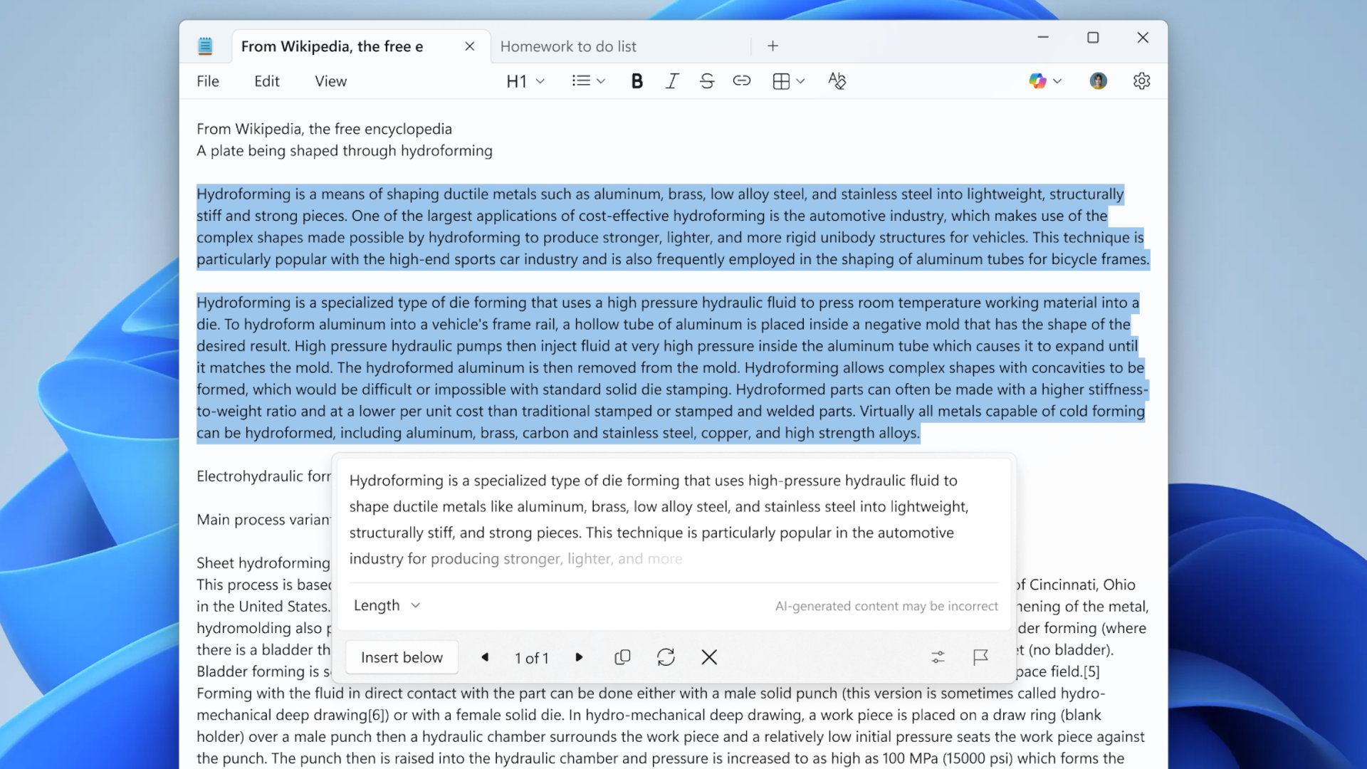 A screenshot of Windows Notepad, demonstrating the AI streaming ability of Copilot, as created by Microsoft