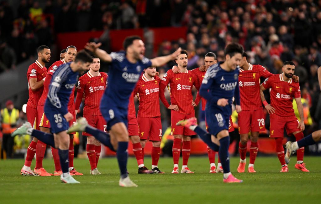  Players of Liverpool look dejected after losing a penalty shoot out in the UEFA Champions League 2024/25 Round of 16 Second Leg match between Liverpool FC and Paris Saint-Germain at Anfield on March 11, 2025 in Liverpool, England.