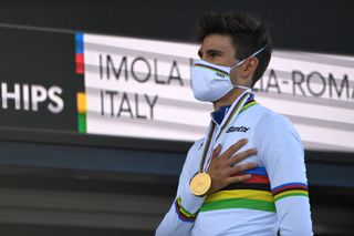 IMOLA ITALY SEPTEMBER 25 Podium Filippo Ganna of Italy Gold medal World Champion Jersey Celebration Mask Covid Safety Measures during the 93rd UCI Road World Championships 2020 Men Elite Individual Time Trial a 317km race from Imola to Imola Autodromo Enzo e Dino Ferrari ITT ImolaEr2020 Imola2020 on September 25 2020 in Imola Italy Photo by Tim de WaeleGetty Images