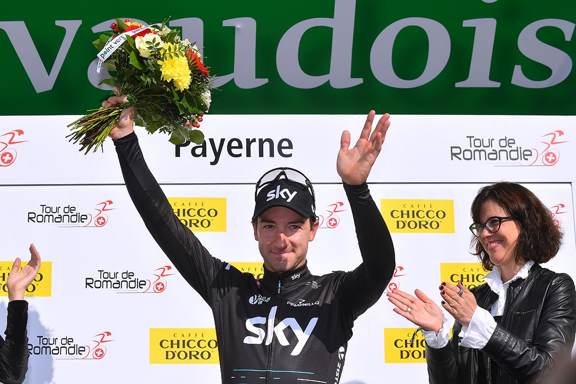 Elia Viviani celebrates a Tour de Romandie stage victory.
