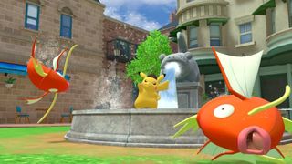 Pikachu has a moment of inspiration at a waterfountain