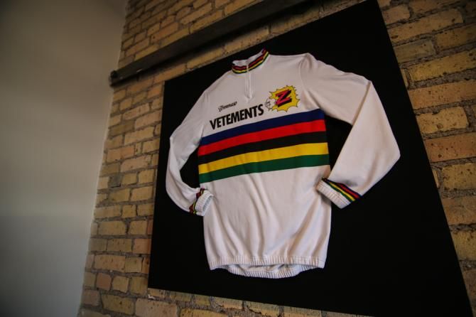 A rainbow-striped jersey from Greg LeMond's pro road race world championship in 1989
