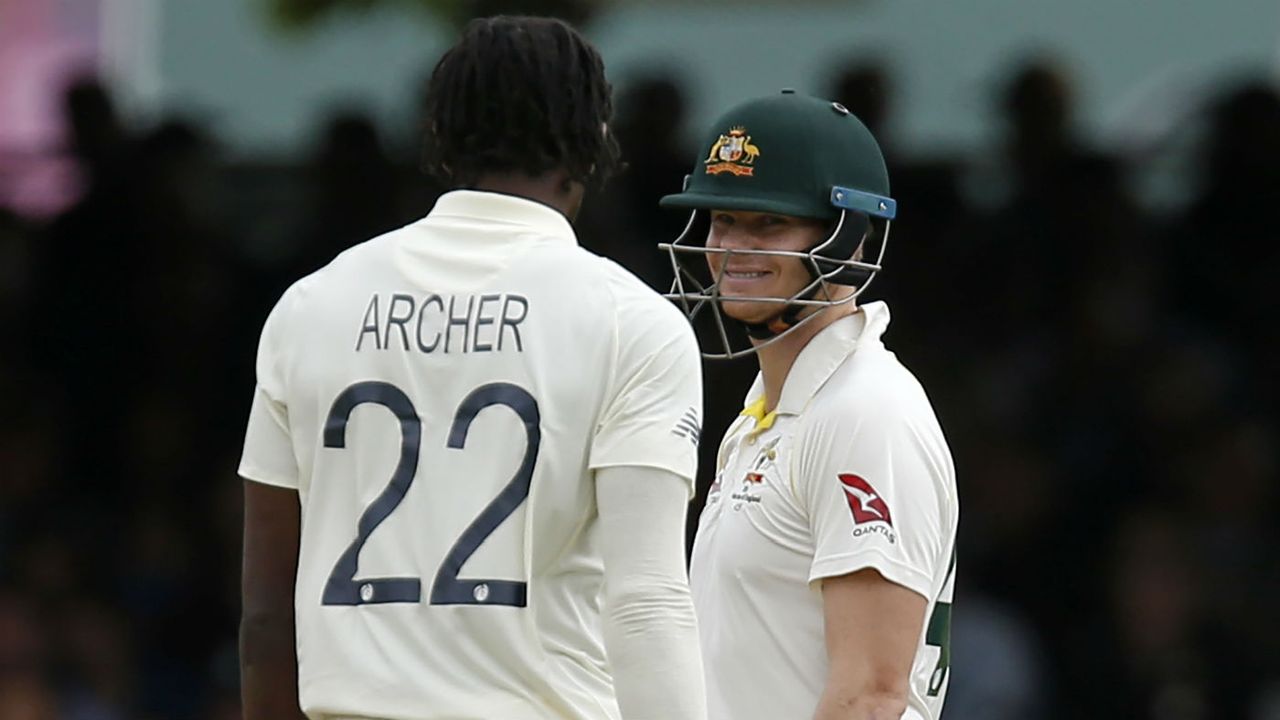 Australia’s Steve Smith smiles at England’s Jofra Archer during the Lord’s Test 