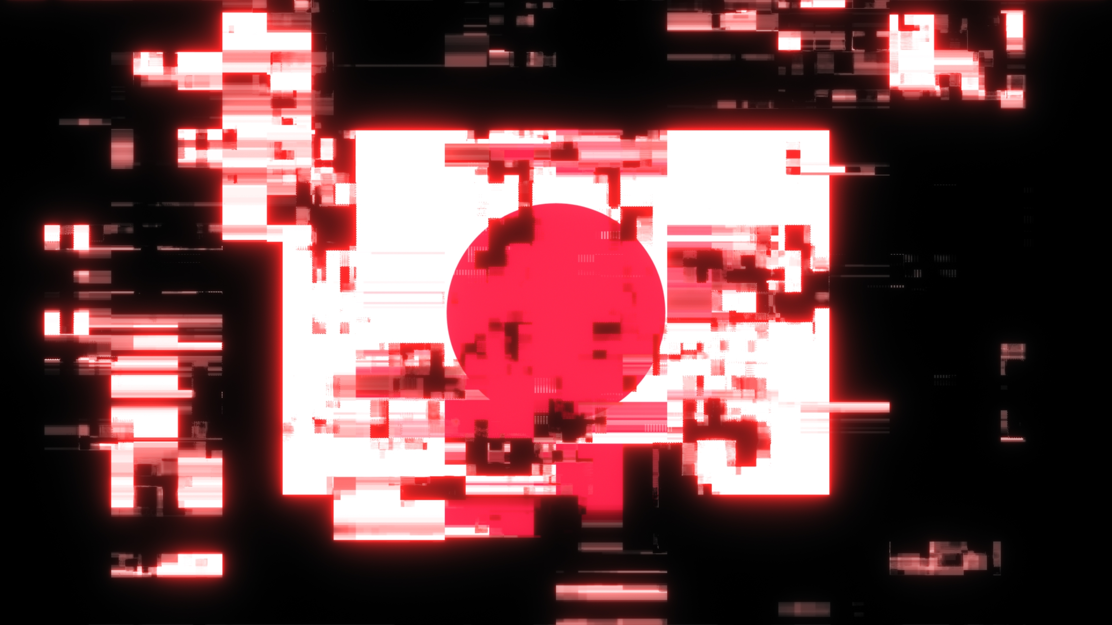 A 3D rendering of the flag of Japan with screen effects displaying technological failures and visual glitches.