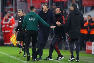 Thomas Tuchel, manager of Bayern Munich, argues with the fourth official resulting in a red card during the UEFA Champions League quarterfinal second leg match between FC Bayern München and Manchester City at Allianz Arena on April 19, 2023 in Munich, Germany. (Photo by James Gill - Danehouse/Getty Images)