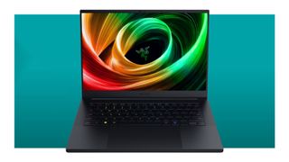 The Razer Blade 14 2025 gaming laptop with the Razer logo on screen, on a teal deals background