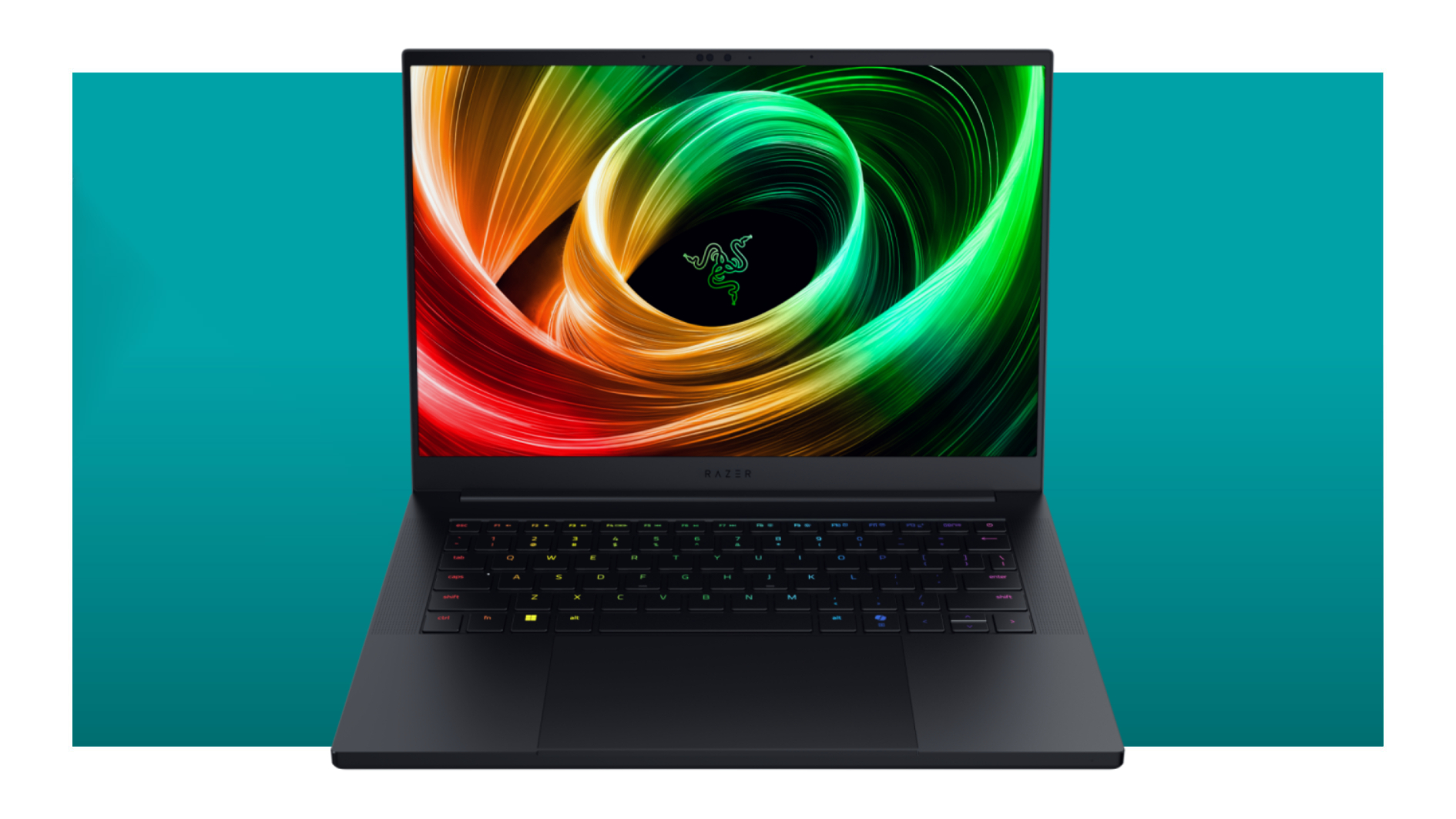 The Razer Blade 14 2025 gaming laptop with the Razer logo on screen, on a teal deals background
