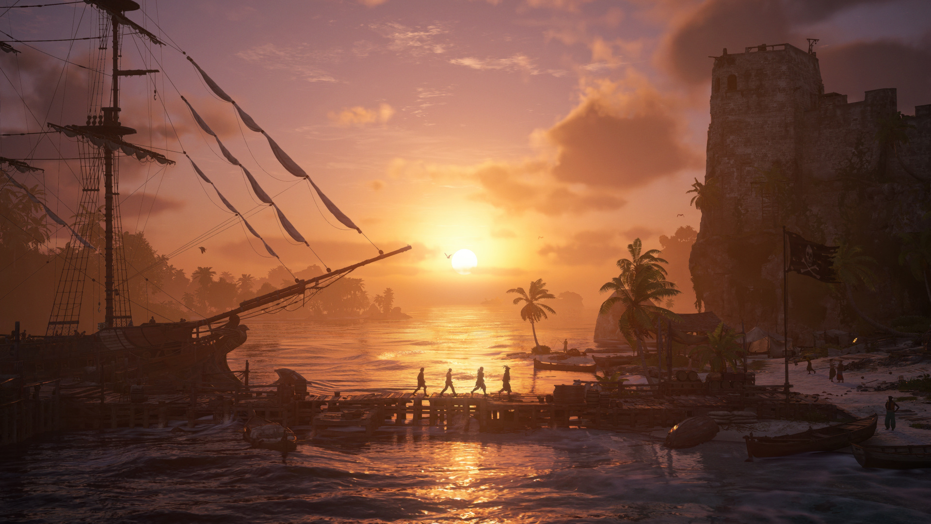In Assassin's Creed Black Flag Resynced, four individuals cross a bridge from a ship towards a port, with the sun setting in the background