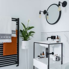 bathroom with white wall round mirror wash basin plant pot 