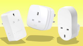 Three smart plugs on a yellow background