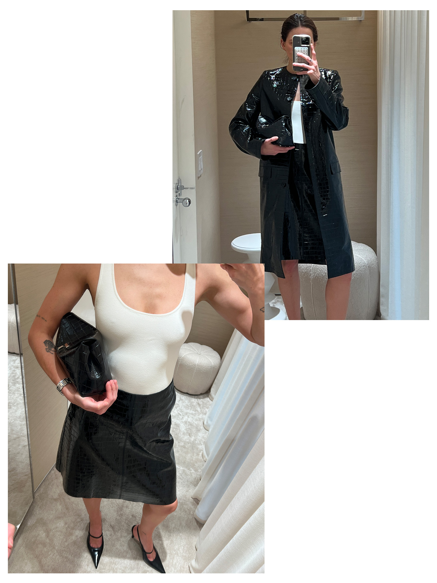 Two photos of Eliza Huber trying on a white tank top, croc jacket, and croc skirt from Toteme's Upper East Side store's dressing room.
