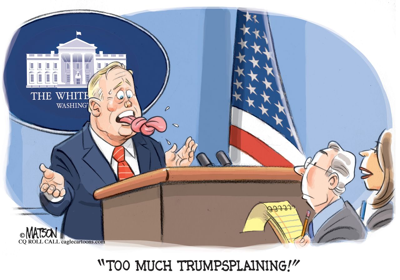 &amp;amp;nbsp;Political Cartoon U.S. Spicer Trump Press Conference Mansplaining Tongue Tied