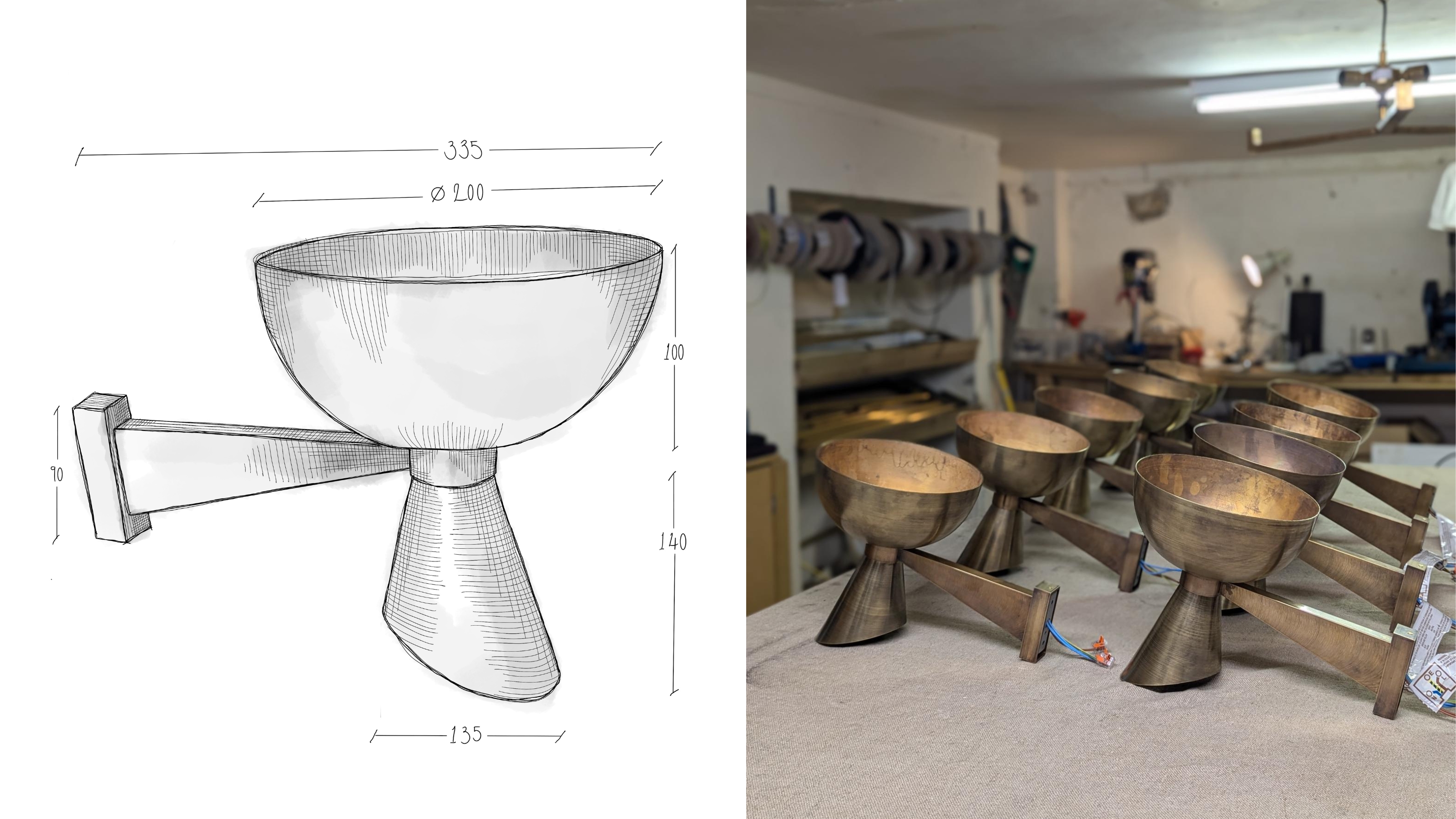 a sketch of a wall light and production sampes