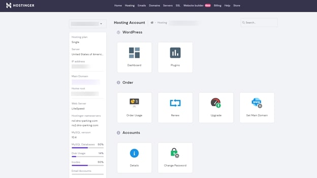 Hostinger's web admin interface