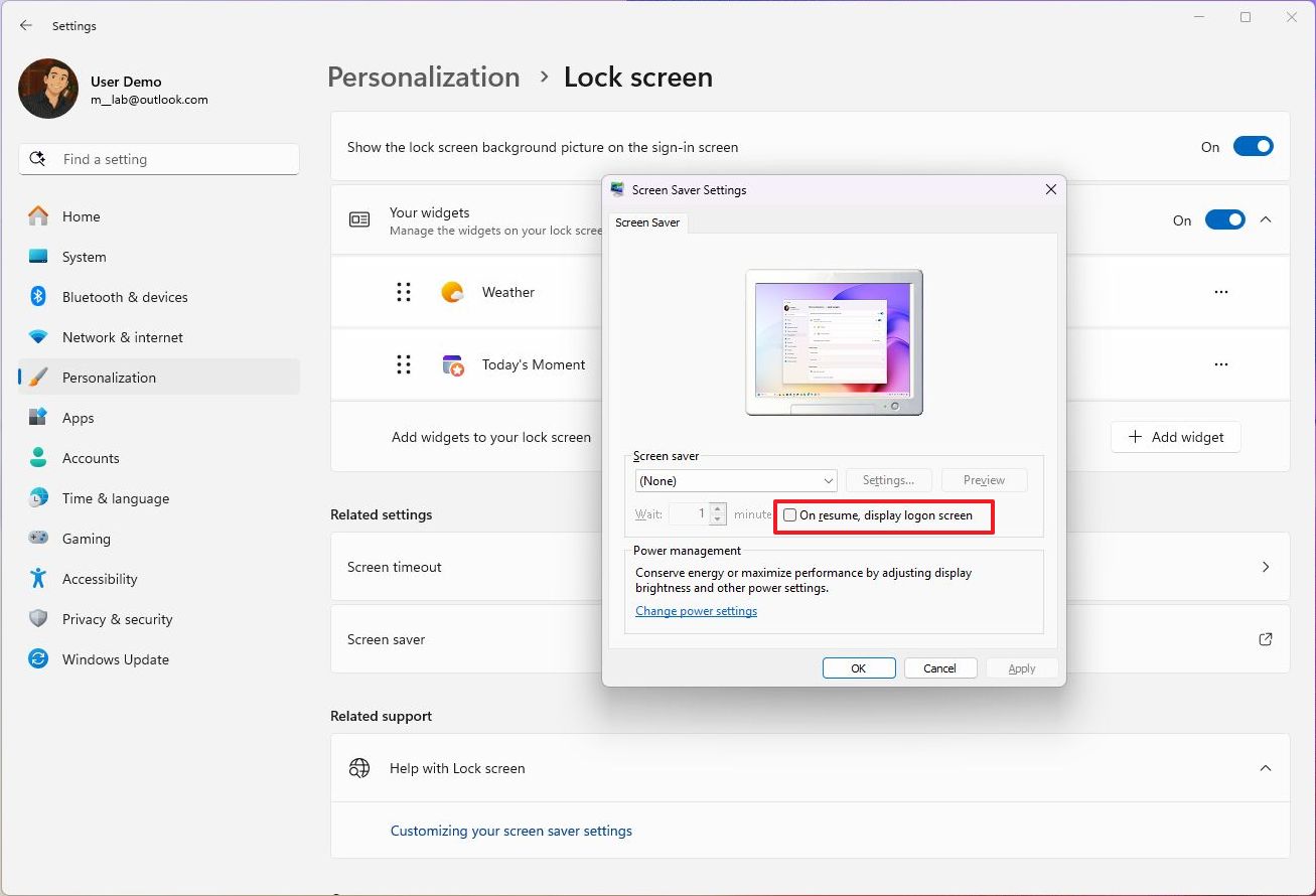 On resume, display logon screen