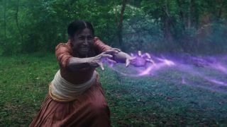 Screenshot of unidentified witch with purple magic in Agatha All Along midseason trailer