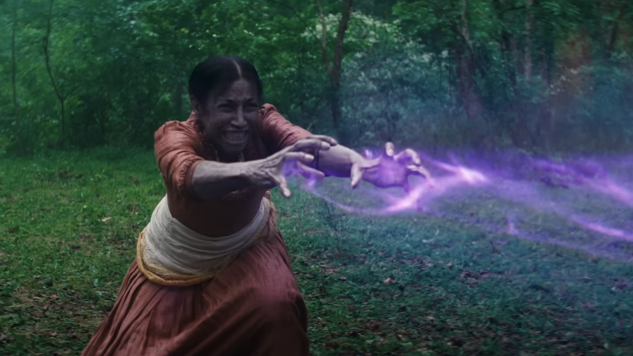 Screenshot of unidentified witch with purple magic in Agatha's midseason trailer All along