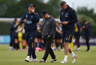 Brian Sorensen, Manager of Everton, walks off the pitch after the FA Women's Super League match between Everton FC and Arsenal at Walton Hall Park on May 17, 2023 in Liverpool, England.