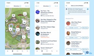 Disneyland app screens showing wait times, map, food options