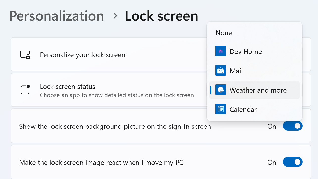 A selection of a screenshots of the Lock Screen section in the Settings app, allowing users to switch on the batch of widgets