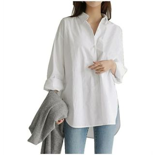 Oversized Shirts for Women Long Sleeve Hi-Lo Hem Casual Loose Long Blouses V Neck Collared Button Down T Shirts Tops
