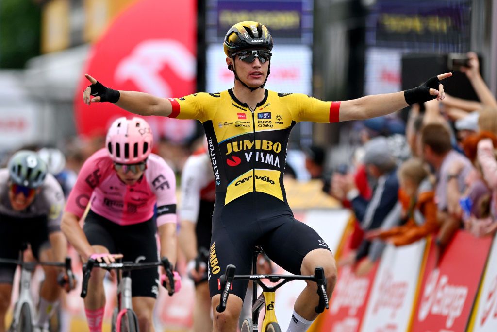 OPOLE POLAND AUGUST 01 Olav Kooij of The Netherlands and Team JumboVisma celebrates at finish line as stage winner during the 80th Tour de Pologne 2023 Stage 4 a 1991km stage from Strzelin to Opole UCIWT on August 01 2023 in Opole Poland Photo by Dario BelingheriGetty Images