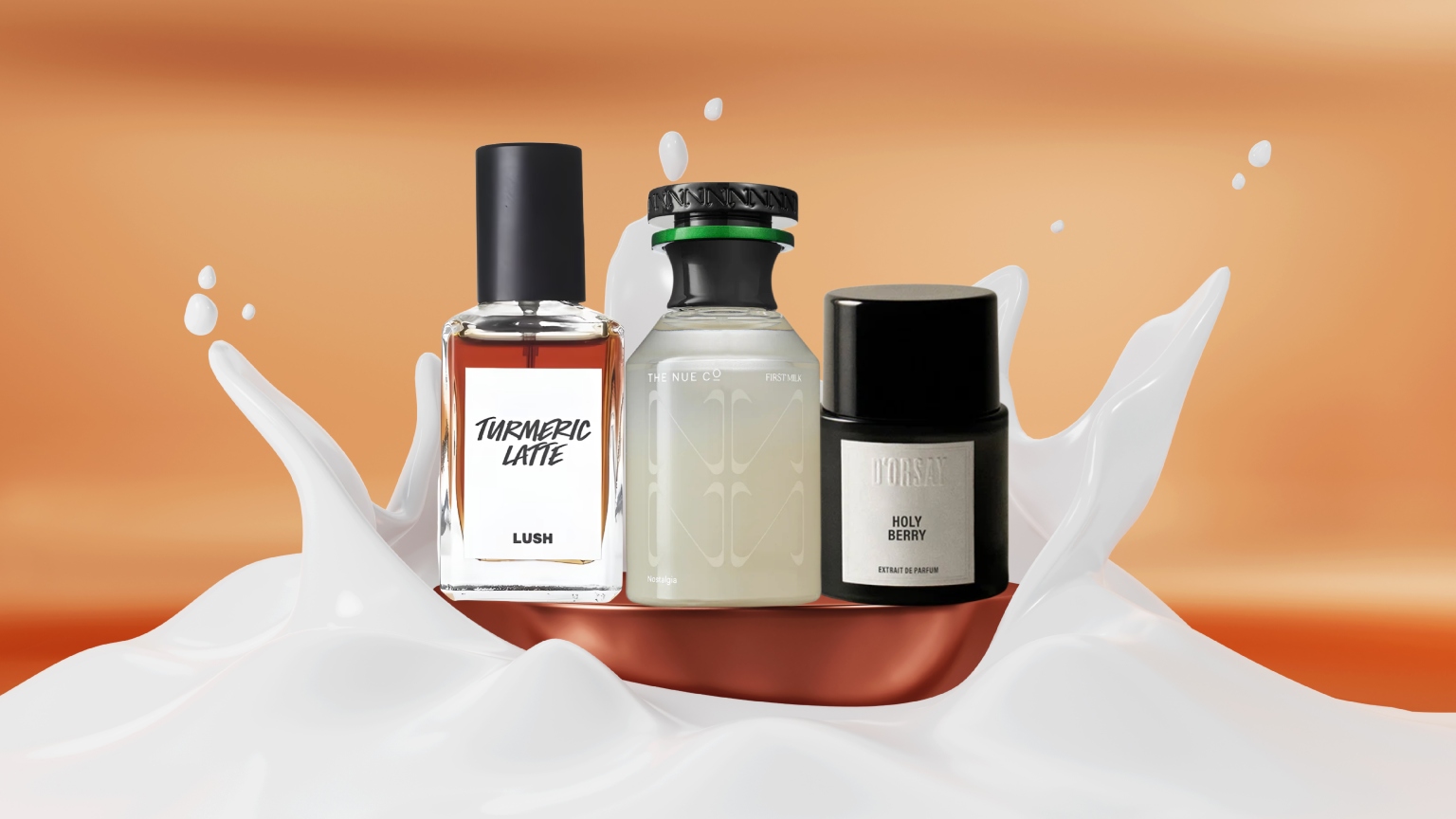 an orange backdrop with a white milk splash and three bottles of perfume in the center