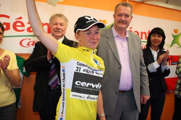Emma Pooley (Cervelo Test Team) on the podium as race leader.