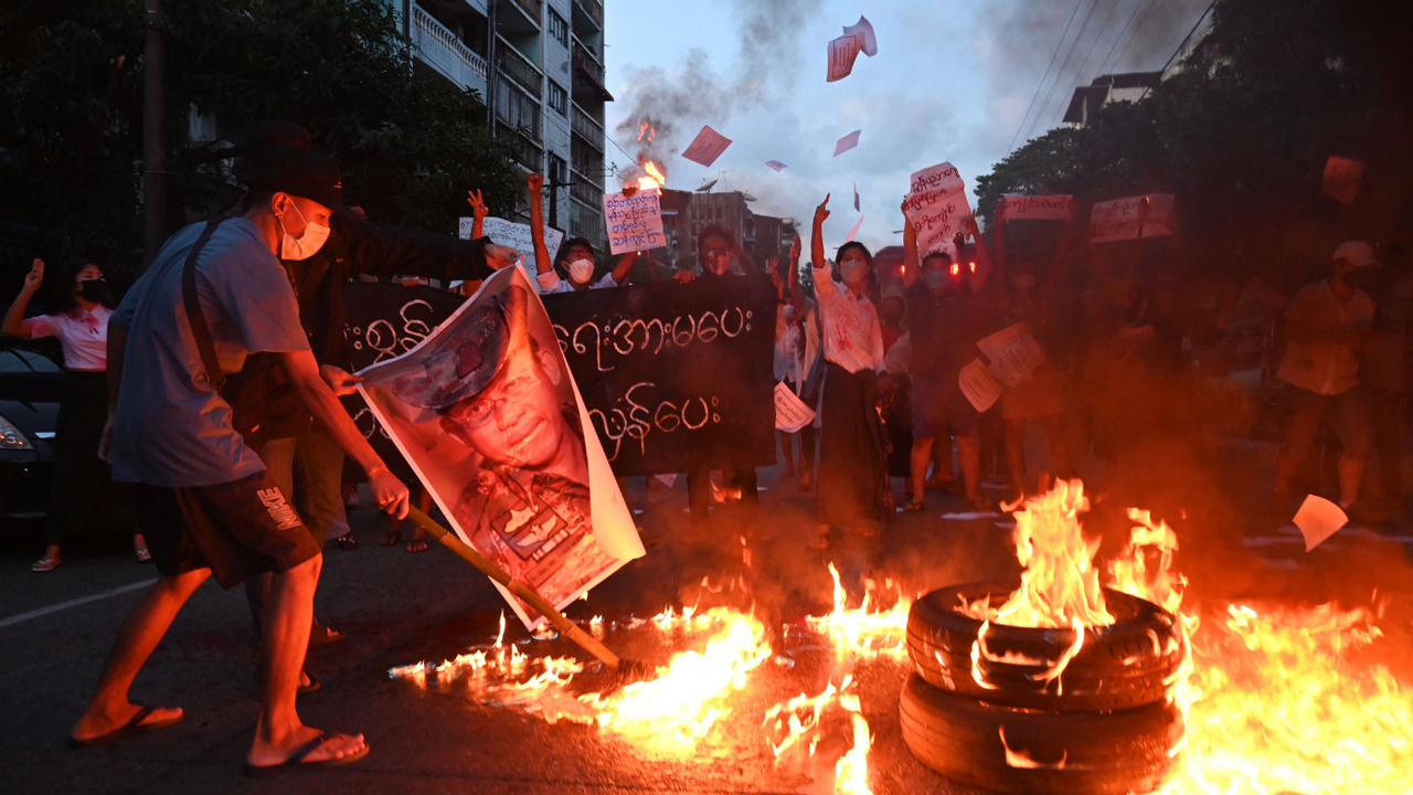 Protesters in Myanmar demonstrate against military coup 