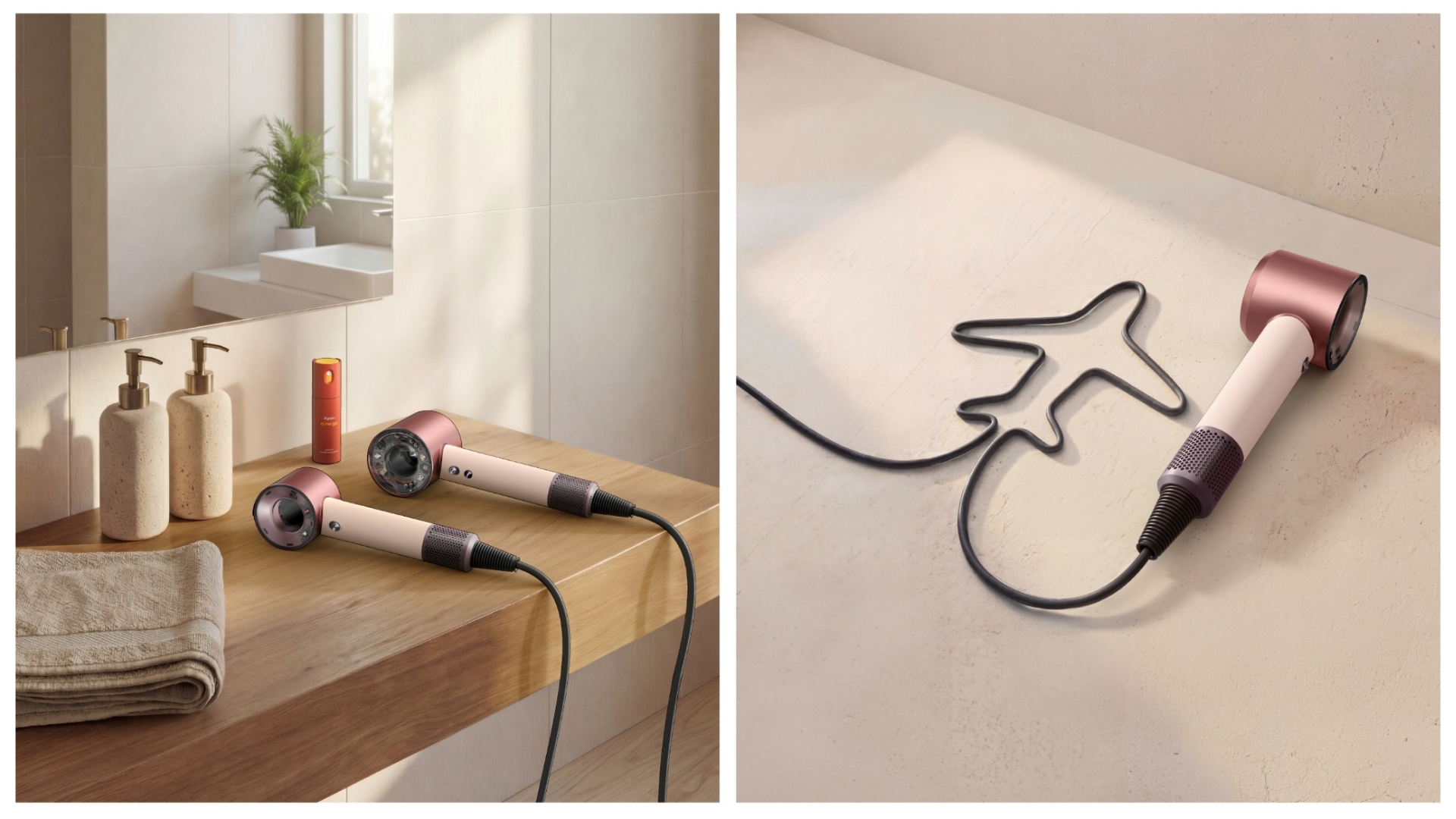 On the left, is a picture that shows the Dyson Supersonic Travel alongside the original Supersonic hair dryer (to demonstrate their size difference), on a bathroom counter with products and a towel. On the right is another picture of the Dyson Supersonic Travel, with the cable in an aeroplane shape.