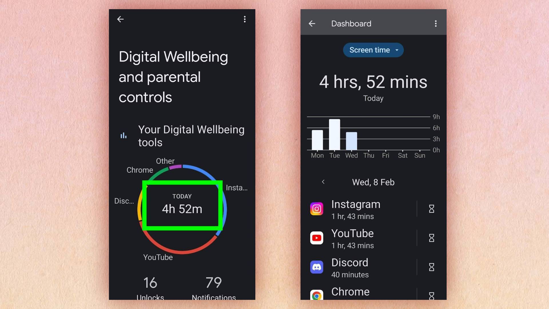 Снимок экрана, показывающий шаги, необходимые для проверки экранного времени на Android.