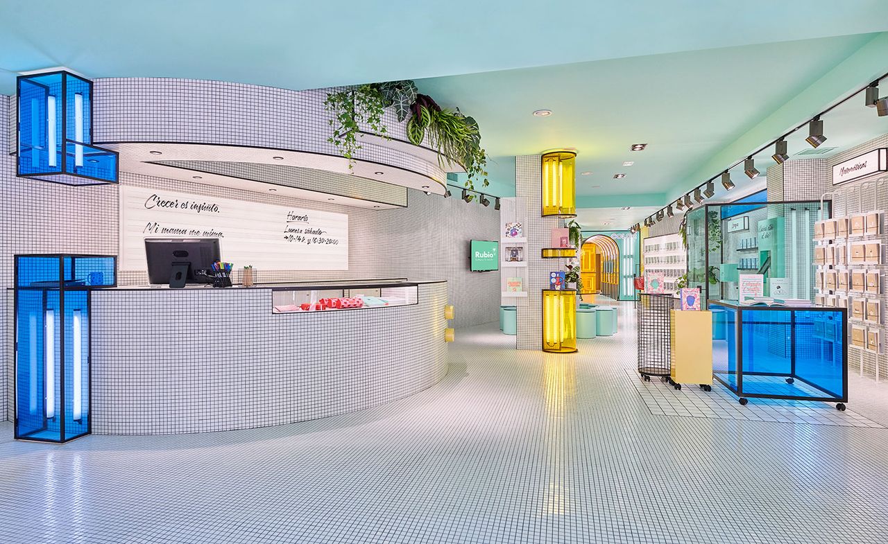 Colourful store with monochrome check walls &amp; floors