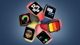 A range of Apple Watch SE watches on a blue background