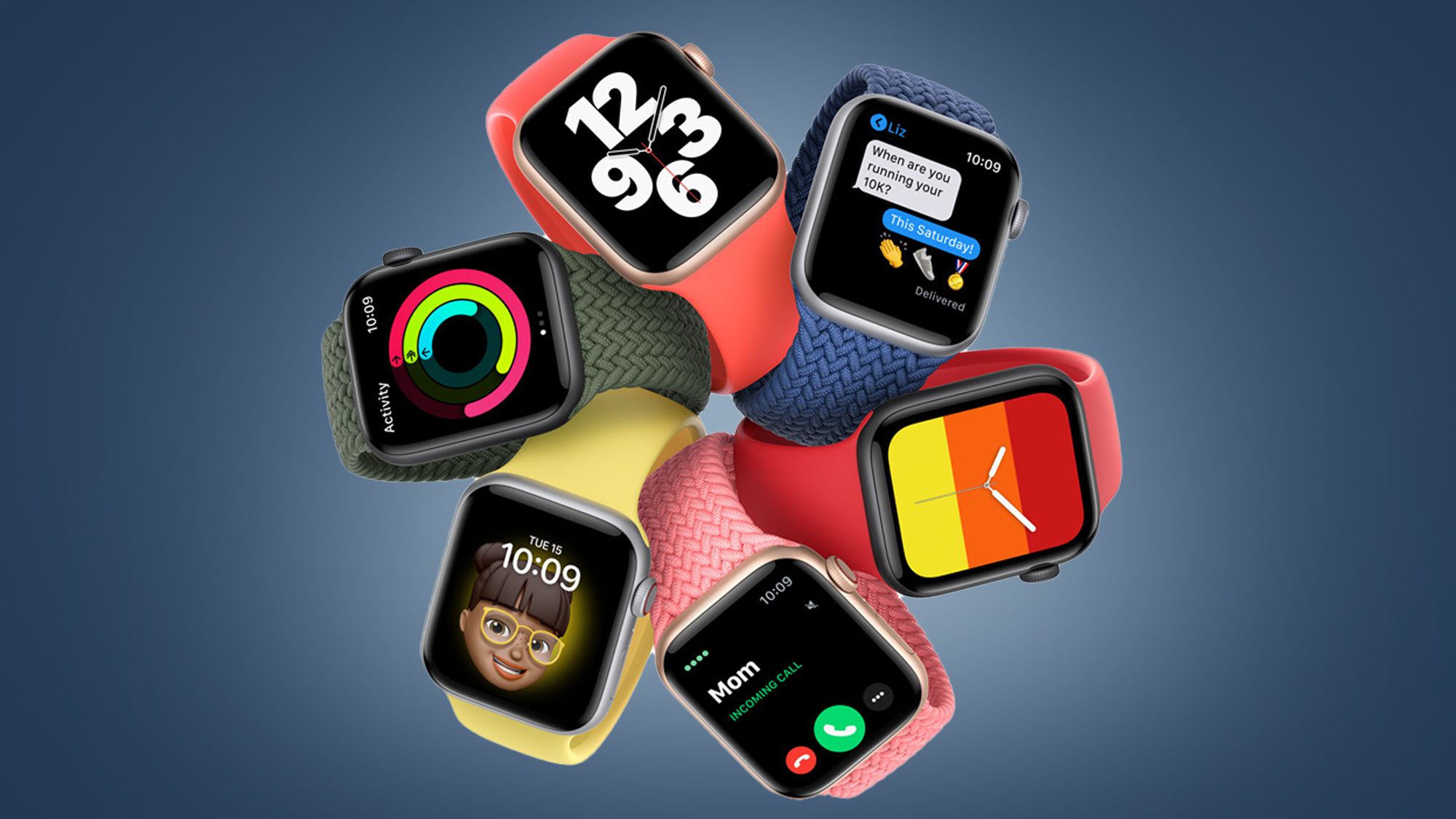 Various Apple Watch SE watches are displayed on a blue background