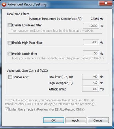 By adjusting the advanced record settings within Audio Recorder Platinum, you can tweak filters and sound settings for an ideal recording.