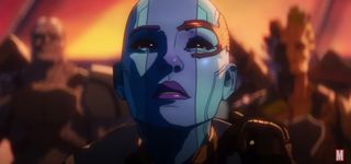 A blue-skinned cyborg alien with a bald head