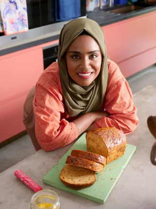 Nadiya with her spicy cheese and onion loaf.