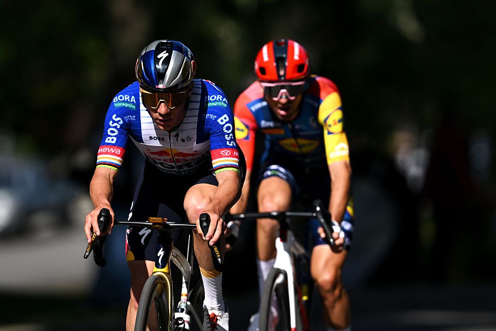 QUEBEC CITY, QUEBEC - SEPTEMBER 11: (L-R) Remco Evenepoel of Belgium and Team Red Bull - BORA - hansgrohe and Giulio Ciccone of Italy and Team Lidl - Trek compete in the breakaway during the 15th Grand Prix Cycliste de Quebec 2026 a 206km one day race from Quebec City to Quebec City / #UCIWT / on September 11, 2026 in Quebec City, Quebec. (Photo by Dario Belingheri/Getty Images)