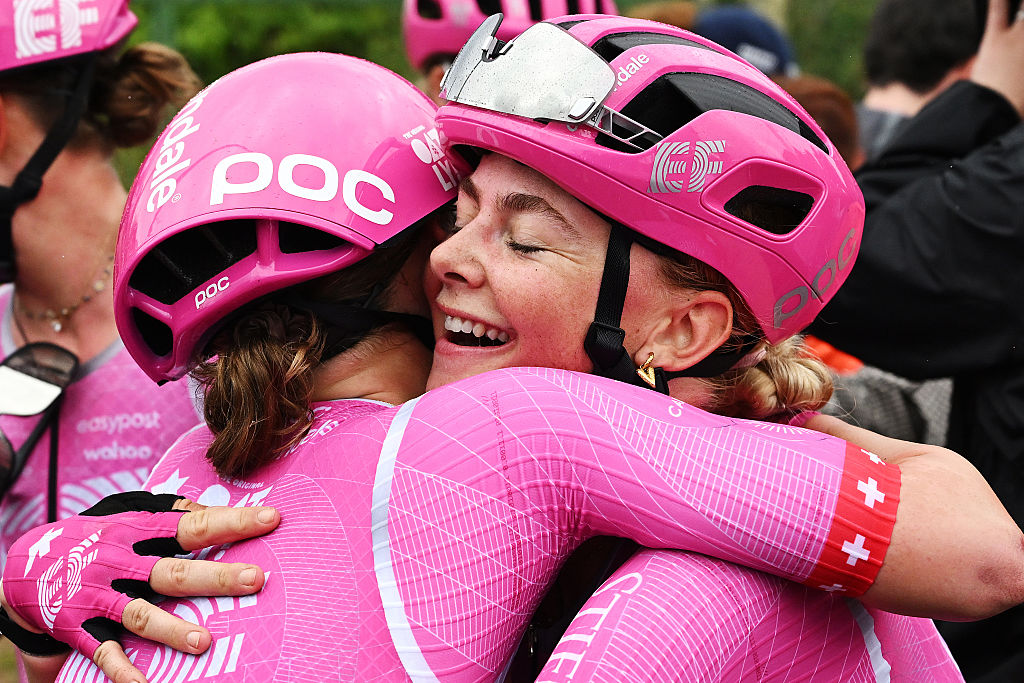 SALVATERRA DE MINO, SPAIN - MAY 03: (EDITOR&amp;amp;apos;S NOTE: Alternate crop) Stage winner, Noemi Ruegg of Switzerland and Babette van der Wolf of Netherlands and Team EF Education-Oatly react after the 12th La Vuelta Femenina 2026, Stage 1 a 113.9km stage from Marin to Salvaterra de Mino / #UCIWWT / on May 03, 2026 in Salvaterra de Mino, Spain. (Photo by Szymon Gruchalski/Getty Images)