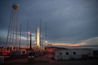 The Northrop Grumman Antares rocket carrying the Cygnus NG-13 cargo ship stands atop Pad-0A of NASA's Wallops Flight Facility on Wallops Island, Virginia on Feb. 14, 2020.