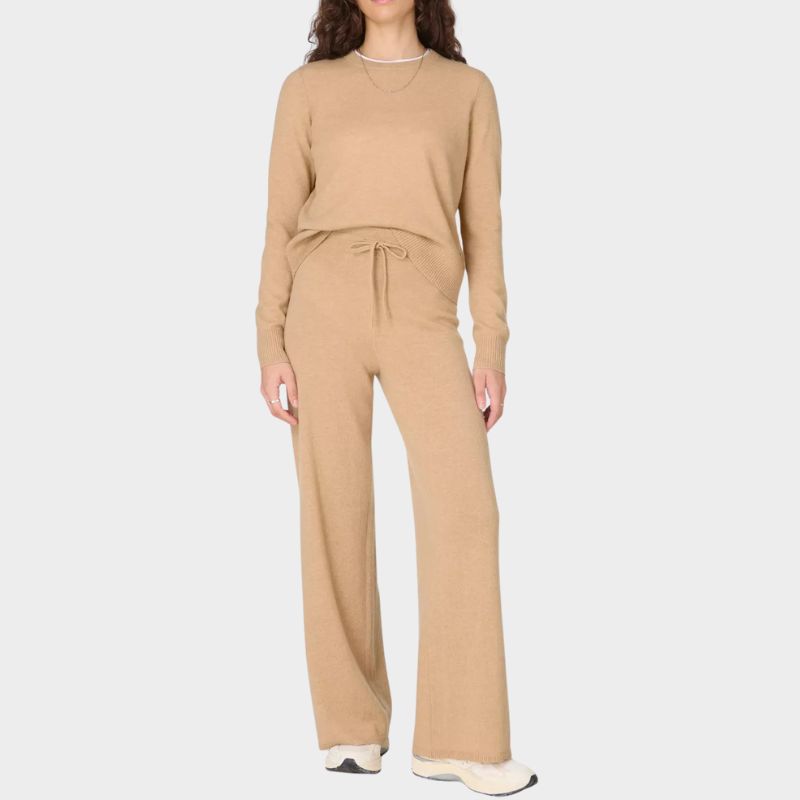 Cashmere Crew Neck Jumper and Wide Leg Trousers on model