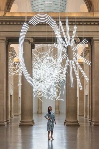 The neon experience builds, from a single ’peep hole’ ring in the South Deveens, through which you can glimpse swirls of radial light and an imposing octagon in the central gallery