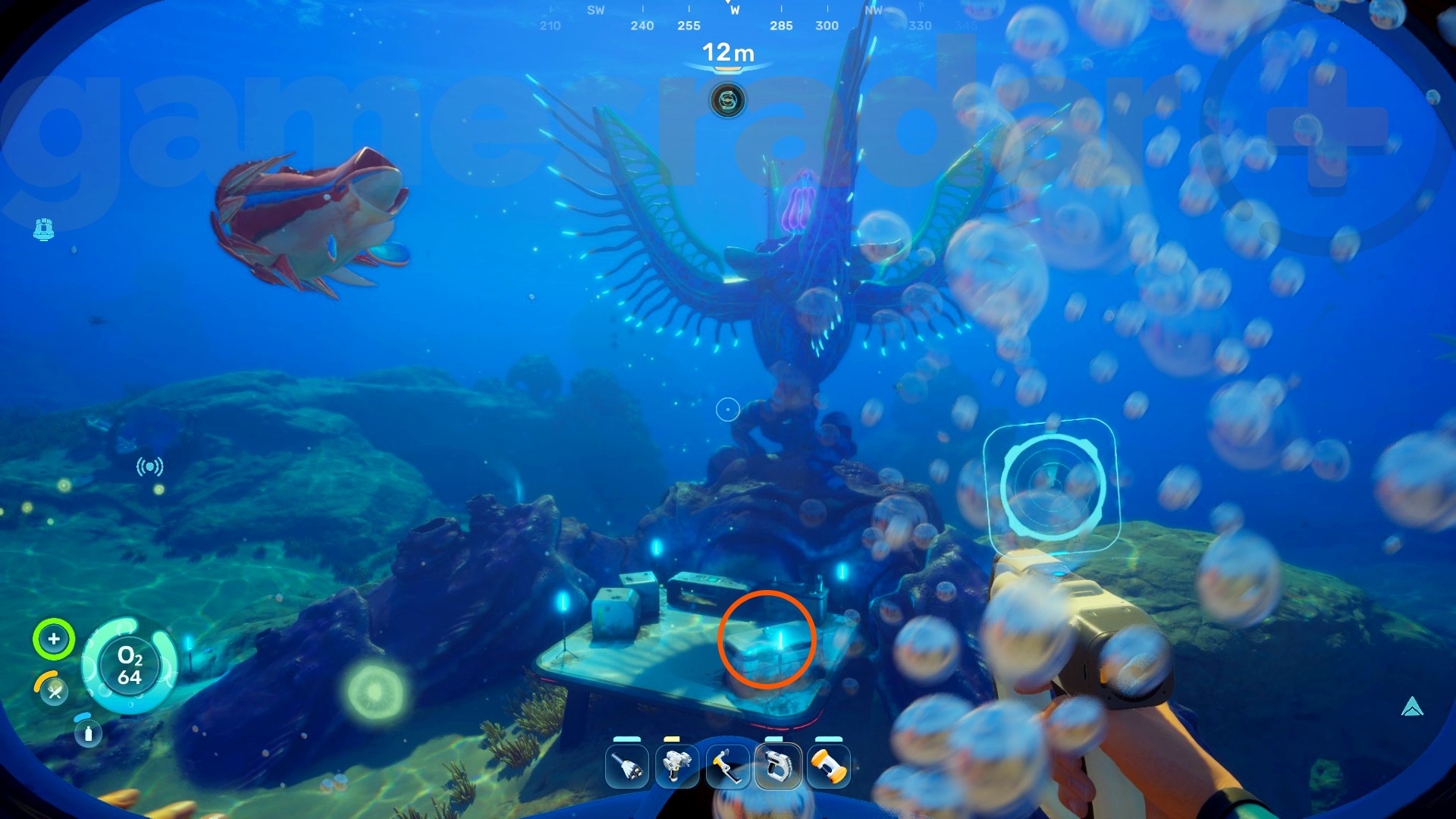 The location of a Subnautica 2 Habitat Builder fragment marked near a gene donor.