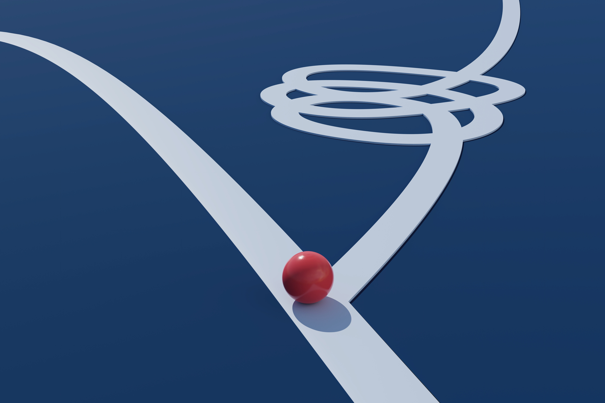 Digitally generated image of a ball on a simple path stoping near a complex and tangled path.