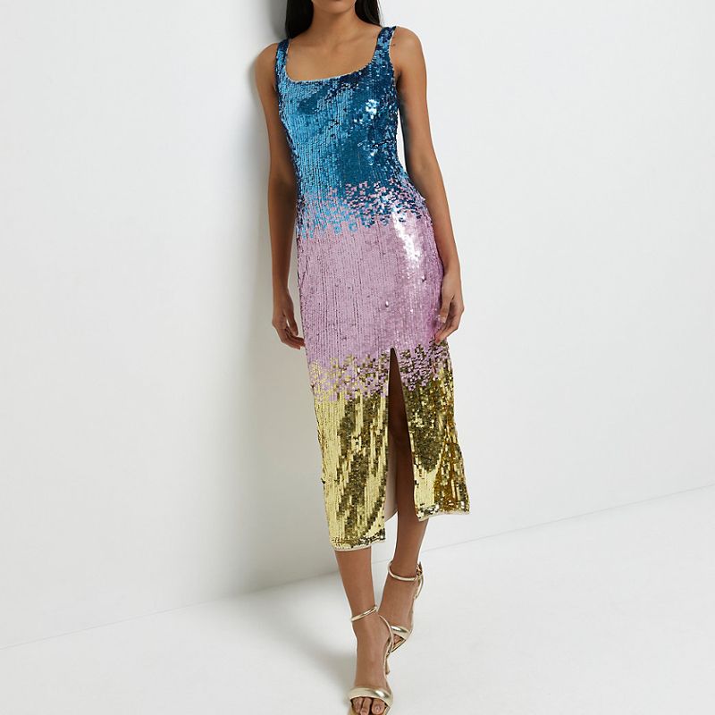 River Island Colour Block Sequin Bodycon Midi Dress